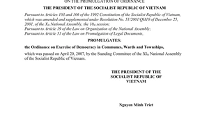 Order No. 06/2007/L-CTN of April 30, 2007, on the promulgation of ordinance on Exercise of Democracy in Communes, Wards and Townships.