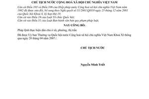 Lệnh công bố Pháp lệnh thực hiện dân chủ ở xã, phường, thị trấn 06/2007/L-CTN