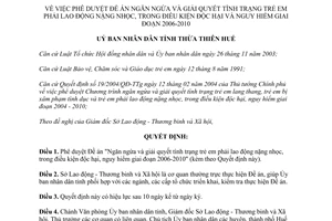Quyết định 853/2007/QĐ-UBND ngăn ngừa trẻ em lao động nặng nhọc độc hại 2006 2010