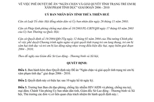 Quyết định 855/2007/QĐ-UBND ngăn chặn trẻ em bị xâm phạm tình dục 2006 2010 Thừa Thiên Huế