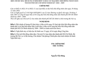 Nghị định 05/NĐ-CP phê chuẩn số lượng, danh sách đơn vị bầu cử bổ sung đại biểu được bầu mỗi đơn vị bầu Hội đồng nhân dân tp HCM nhiệm kì 2004 - 2009