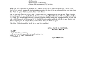 Công văn 2934/VPCP-KTTH tính tiền sử dụng đất, tiền thuê đất của Hợp đồng BT Dự án tuyến đường Tân Sơn Nhất -Bình Lợi - Vành đai ngoài