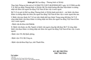 Công văn  3617/BYT-DTr danh sách đợt 6  bệnh viện khám và chứng nhận sức khỏe cho người lao động Việt Nam đi làm việc  nước ngoài