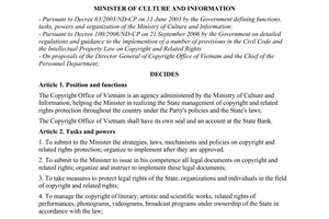 Decision No. 09/2007/QD-BVHTT of May 03, 2007, defining functions, tasks, powers and organization of the Copyright Office of Vietnam
