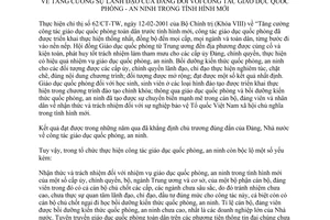 Chỉ thị 12-CT/TW 2007 tăng cường sự lãnh đạo của Đảng đối với công tác giáo dục quốc phòng an ninh