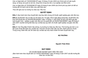 Quyết định 14/2007/QĐ-BGDĐT quy định Chuẩn nghề nghiệp giáo viên tiểu học