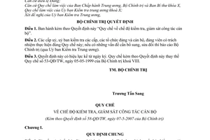 Quyết định 58-QĐ/TW chế độ kiểm tra, giám sát công tác cán bộ