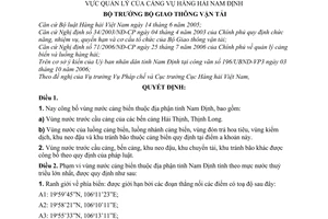Quyết định 24/2007/QĐ-BGTVT công bố vùng nước cảng biển tỉnh Nam Định khu vực quản lý Cảng vụ hàng hải Nam Định
