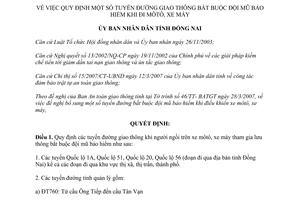 Quyết định 32/2007/QĐ-UBND tuyến đường giao thông bắt buộc đội mũ bảo hiểm khi đi môtô xe máy Đồng Nai