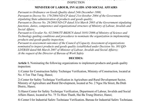 Decision No. 12/2007/QD-BLDTBXH of May 08, 2007, nomination of organization of products and goods quality inspection