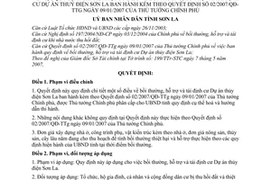 Quyết định 12/2007/QĐ-UBND quy định bồi thường, hỗ trợ tái định cư Dự án thủy điện Sơn La hướng dẫn 02/2007/QĐ-TTg
