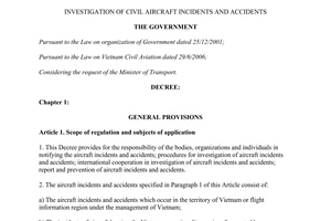 Decree 75/2007/ND-CP investigation civil aircraft incidents accidents
