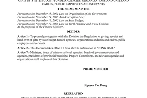 Decision No. 64/2007/QD-TTg of May 10, 2007, promulgating the regulation on giving, receipt and hand-over of gifts by state budget-funded agencies, organizations and units and cadres, public employees and servants.