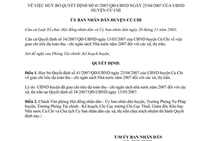 Quyết định 44/2007/QĐ-UBND hủy bỏ 41/2007/QĐ-UBND chỉ tiêu dự toán thu chi ngân sách 2007 Củ Chi