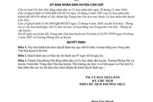 Quyết định 05/2007/QĐ-UBND Quy chế tổ chức hoạt động Trung tâm Văn hóa huyện Cần Giờ