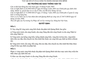 Quyết định 25/2007/QĐ-BGTVT công bố vùng nước cảng biển địa phận tỉnh Quảng Bình khu vực quản lý Cảng vụ hàng hải Quảng Bình