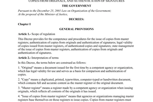 Decree No. 79/2007/ND-CP of May 18, 2007, on the issue of copies from master registers, authentication of copies from originals, and authentication of signatures.