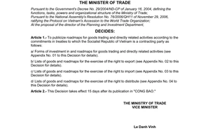 Decision No. 10/2007/QD-BTM of May 21, 2007, publicizing roadmaps for goods trading and directly related activities.