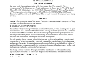 Decision No.71/2007/QD-TTg  of May 22, 2007 approving the up-to-2020 master plan on socio-economic development of An Giang province