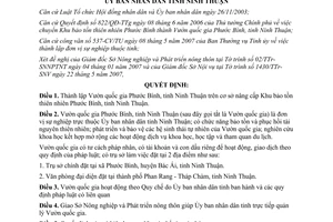 Quyết định 112/2007/QĐ-UBND thành lập Vườn quốc gia Phước Bình Ninh Thuận