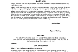 Quyết định 14/2007/QĐ-BLĐTBXH quy chế thi, kiểm tra công nhận tốt nghiệp dạy nghề hệ chính quy