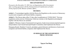 Decree No. 87/2007/ND-CP of May 28, 2007, promulgating the regulation on the exercise of democracy in joint-stock companies and limited liability companies