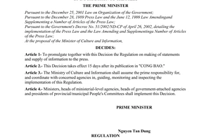 Decision No.77/2007/QD-TTg of May 28,2007 promulgating the regulation on making of statements and supply of information to the press