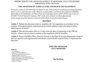 Decision No. 48/2007/QD-BNN of May 29, 2007, regulation on procedure for the issuance of the Phytosanitary import permit for articles subject to pest risk analysis before importing into Vietnam