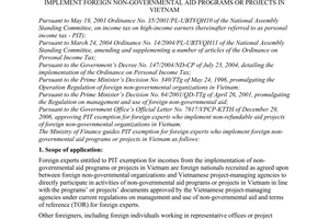 Circular No. 55/2007/TT-BTC of May 29, 2007 guiding personal income tax exemption for foreign experts who implement foreign non-governmental aid programs or projects in Vietnam