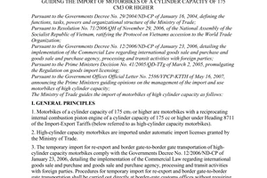 Circular No. 06/2007/TT-BTM of May 30, 2007, guiding the import of motorbikes of a cylinder capacity of 175 cm3 or higher