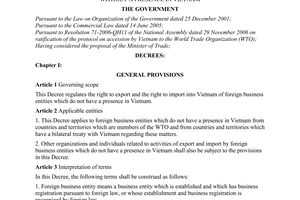 Decree of Government No. of May 31, 2007 providing for import and export rights of foreign business entities without a presence in Vietnam