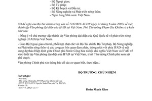 Công văn  3204/VPCP-QHQT  thành lập Văn phòng đại diện của IFAD  Việt Nam