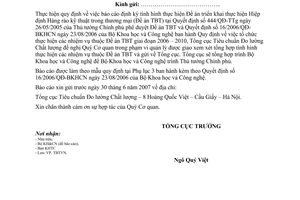 Công văn  640/TĐC-TBTVN báo cáo thực hiện Đề án TBT 6 tháng đầu 2007