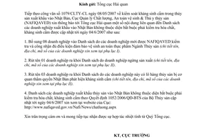 Công văn 1360/CLTY-CL  kiểm soát kháng sinh cấm trong thủy sản xuất khẩu vào Nhật Bản