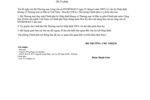 Công văn  3164/VPCP-QHQT  ký Hiệp định khung  Thương mại và Đầu tư Việt Nam-Hoa Kỳ