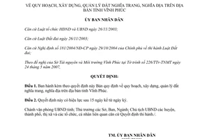 Quyết định 29/2007/QĐ-UBND quy hoạch xây dựng quản lý đất nghĩa trang nghĩa địa Vĩnh Phúc