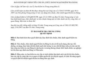 Quyết định 388-QĐ/KTTW Quy định tiêu chuẩn chức danh ngạch Kiểm tra Đảng 2007