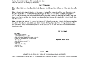 Quyết định 33/2007/QĐ-BGDĐT quy chế văn bằng chứng chỉ hệ thống giáo dục quốc dân