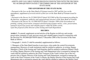 Decision No. 27/2007/QD-NHNN of June 21, 2007, on the amendment, supplement of several articles of the regime on delivery and receipt, preservation, transport of cash, precious assets and valuable papers issued in conjunction with the Decision No. 60/2006/QD-NHNN dated 27 December 2006 of the Governor of the State Bank