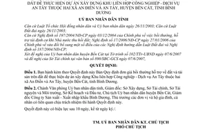 Quyết định 61/2007/QĐ-UBND đơn giá bồi thường hỗ trợ đất tài sản dự án xây dựng Khu liên hợp Công nghiệp Dịch vụ An Tây tỉnh Bình Dương