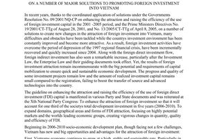 Directive No. 15/2007/CT-TTg of June 22, 2007, on a number of major solutions to promoting foreign investment into Vietnam.