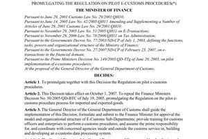 Decision No. 52/2007/QD-BTC of June 22, 2007, promulgating the regulation on pilot e-customs procedures