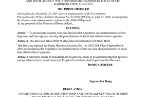 Decision No. 93/2007/QD-TTg of June 22, 2007, promulgating the regulation on implementation of one-stop shop and inter-agency one-stop shop mechanisms in local state administrative agencies.
