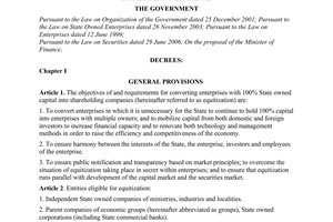 Decree No. 109/2007/ND-CP of June 26, 2007, on conversion of enterprises with 100% state owned capital into shareholding companies.