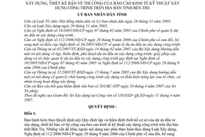 Quyết định 23/2007/QĐ-UBND lập thẩm định thiết kế dự án đầu tư xây dựng, thiết kế bản vẽ thi công báo cáo kinh tế kỹ thuật xây dựng tỉnh Bến Tre