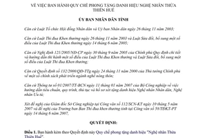 Quyết định 1474/2007/QĐ-UBND phong tặng danh hiệu Nghệ nhân Thừa Thiên Huế