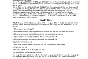 Quyết định 26/2007/QĐ-UBND bổ sung phân loại đường phố; điều chỉnh giá đất ở đô thị, đất sản xuất kinh doanh phi nông nghiệp, Tỉnh Lào Cai