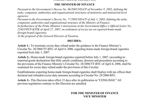 Decision No. 44/2007/QD-BTC of June 04, 2007 on termination of the excise duty refund for exported home-made foreign-brand cigarettes