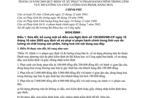 Nghị định 95/2007/NĐ-CP xử phạt vi phạm hành chính trong đo lường chất lượng sản phẩm, hàng hoá sửa đổi NĐ 126/2005/NĐ-CP