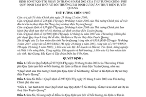 Quyết định 675/QĐ-TTg quy định tạm thời bồi thường, tái định cư Dự án thuỷ điện Tuyên Quang sửa đổi Quyết định 937/QĐ-TTg